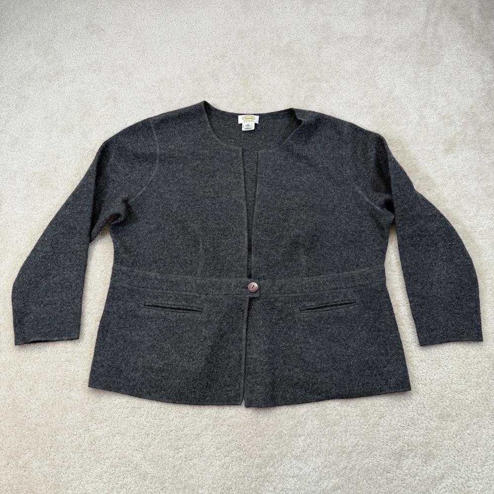 Talbots Boiled Wool Cardigan Sweater Womens 1X Gray One Button Long Sleeve
